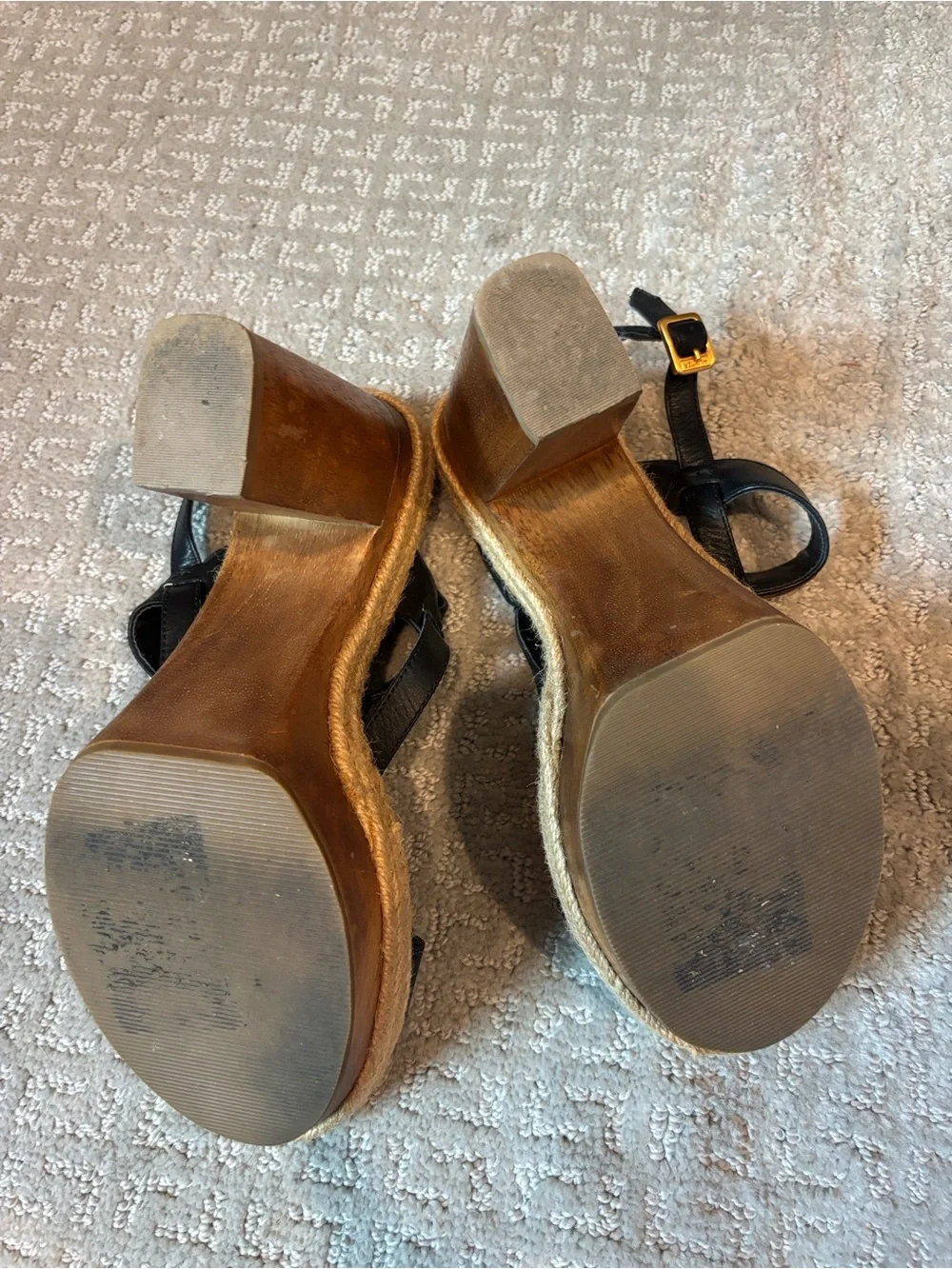 HUNTER Gonave Leather and Wood Block Heel Platform Espadrille Sandals, 9 GUC